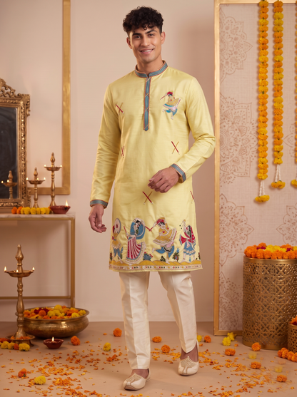 Men's lemon yellow Garba embroidered silk kurta pajama set front view