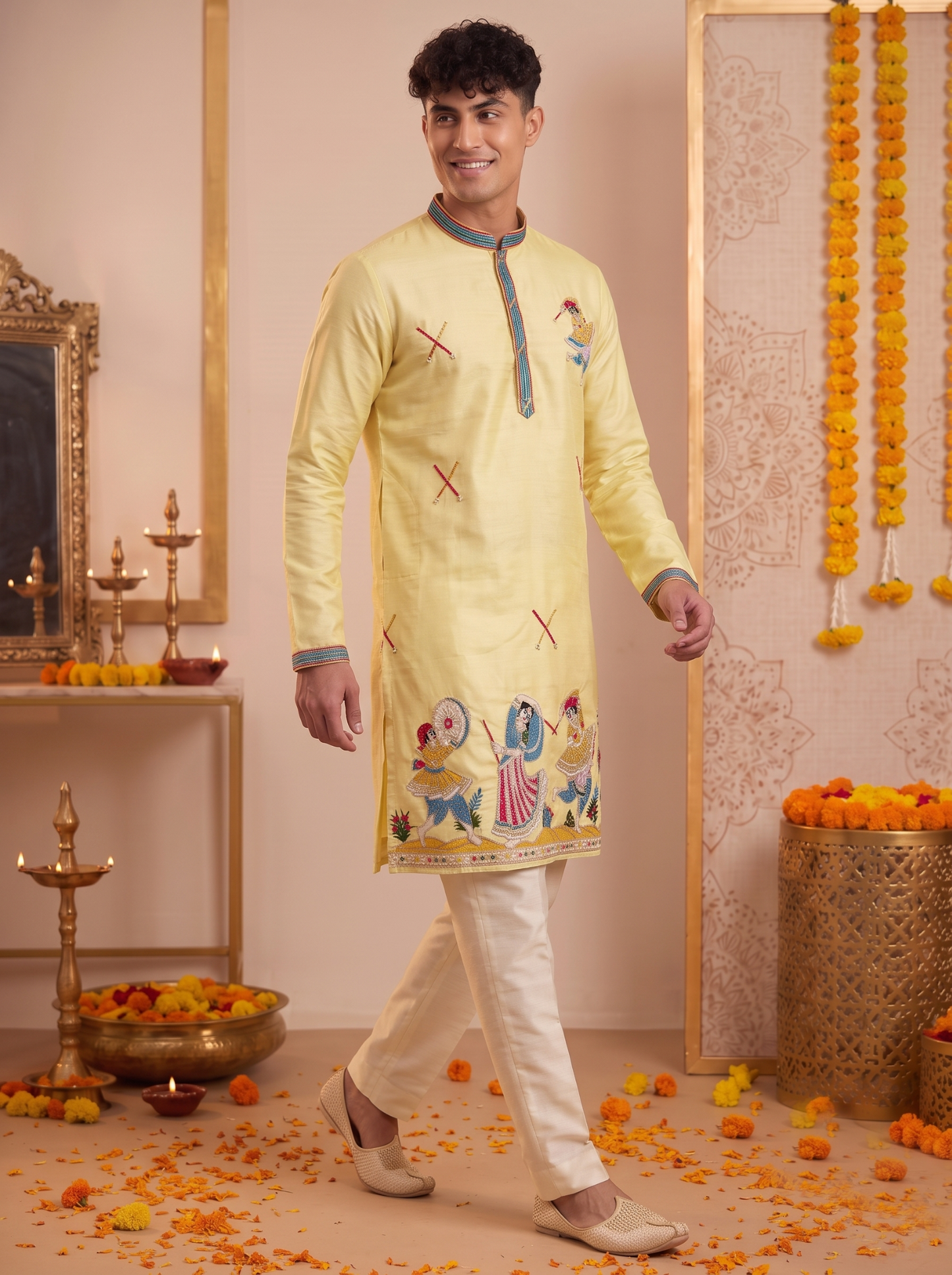 Men's lemon yellow festive embroidered kurta with ivory trousers