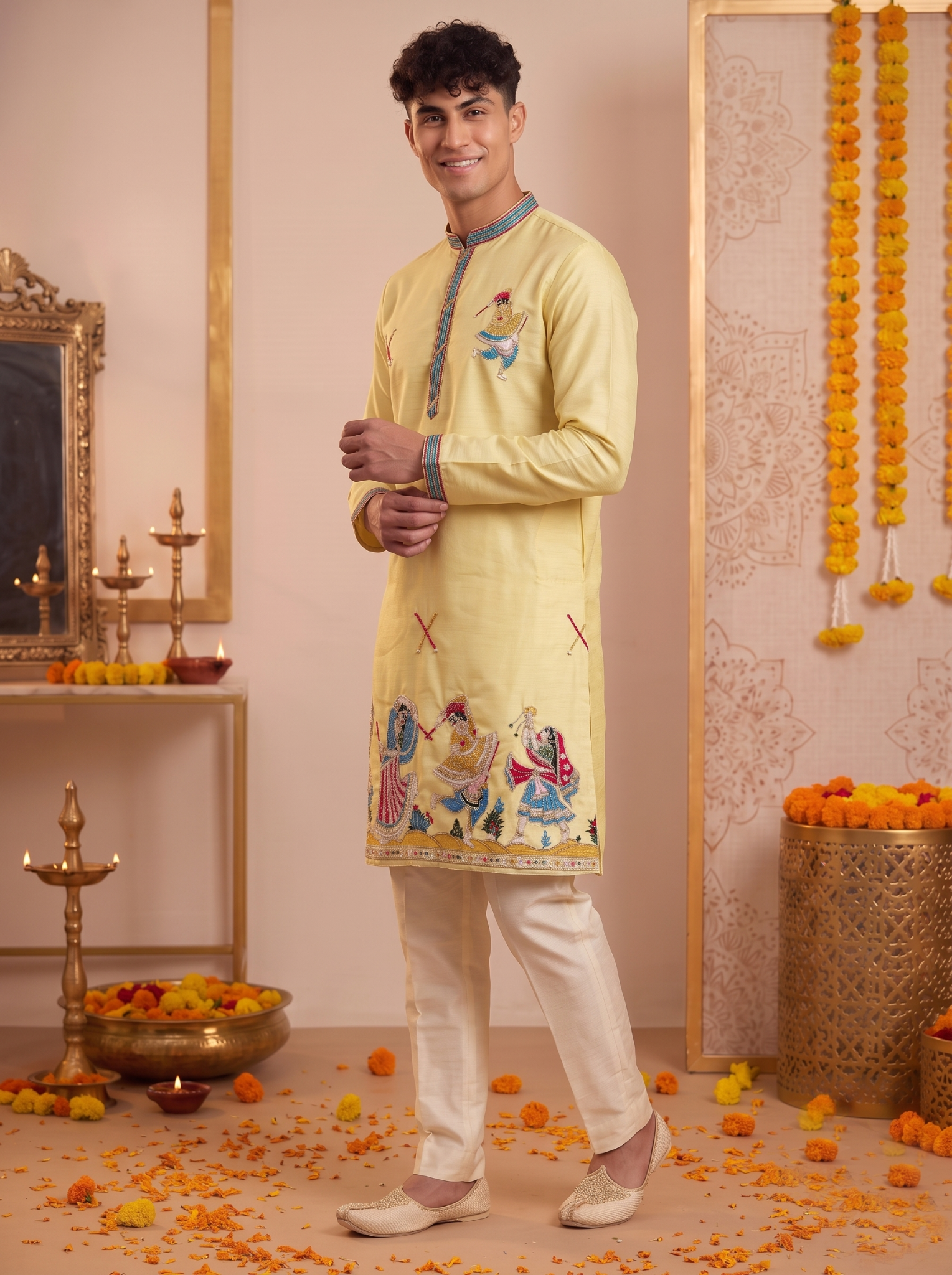 Men's lemon yellow Garba kurta pajama set side view
