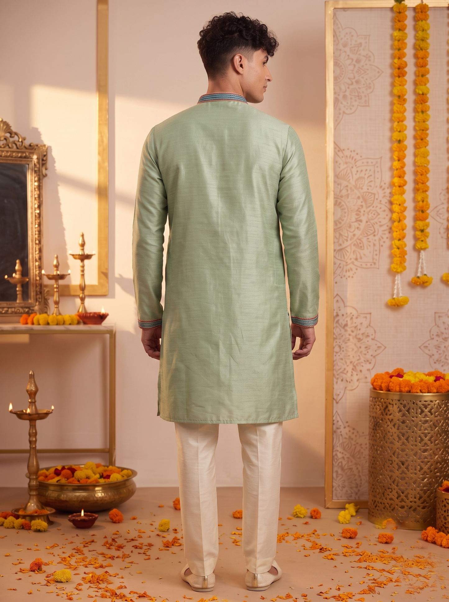 Men's sage green silk kurta and ivory trouser set back view