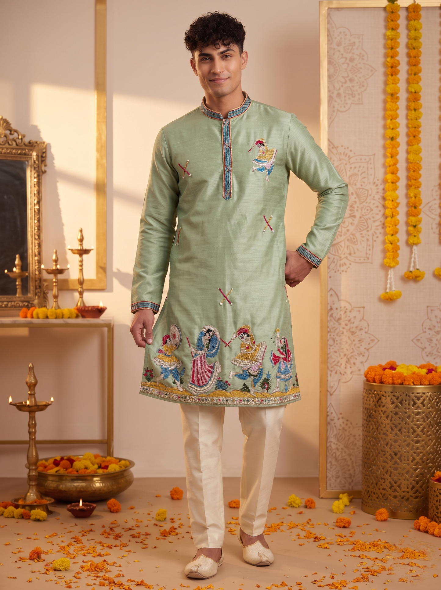 Men's sage green Garba embroidered silk kurta pajama set front view