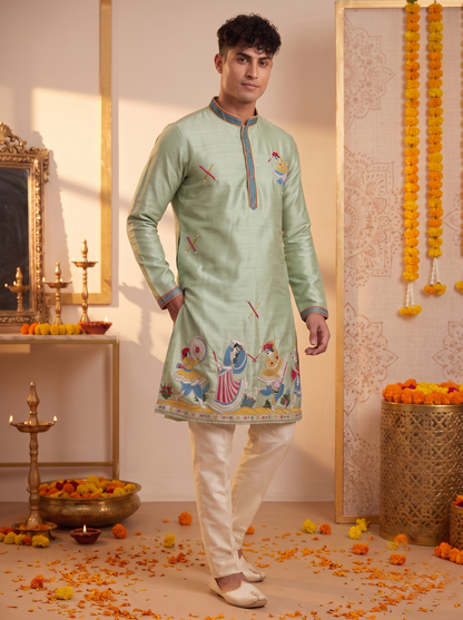 Men's sage green Garba kurta pajama set side view