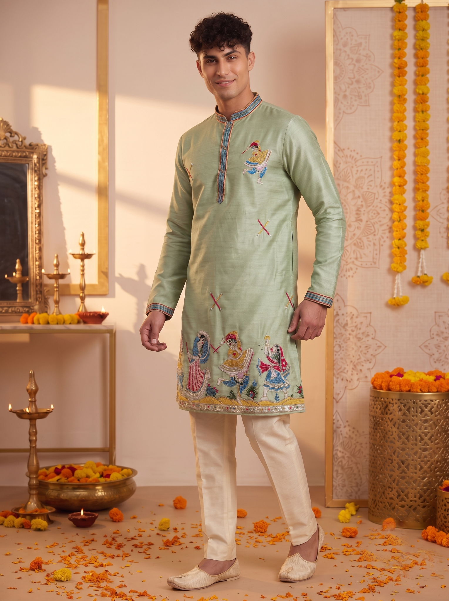 Men's sage green festive embroidered kurta with ivory trousers