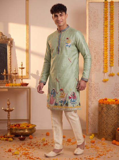 Men's sage green festive embroidered kurta with ivory trousers