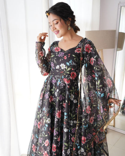 Midnight Blooms Black Floral Organza Taby Silk Gown with Dupatta - Inayakhan Shop 