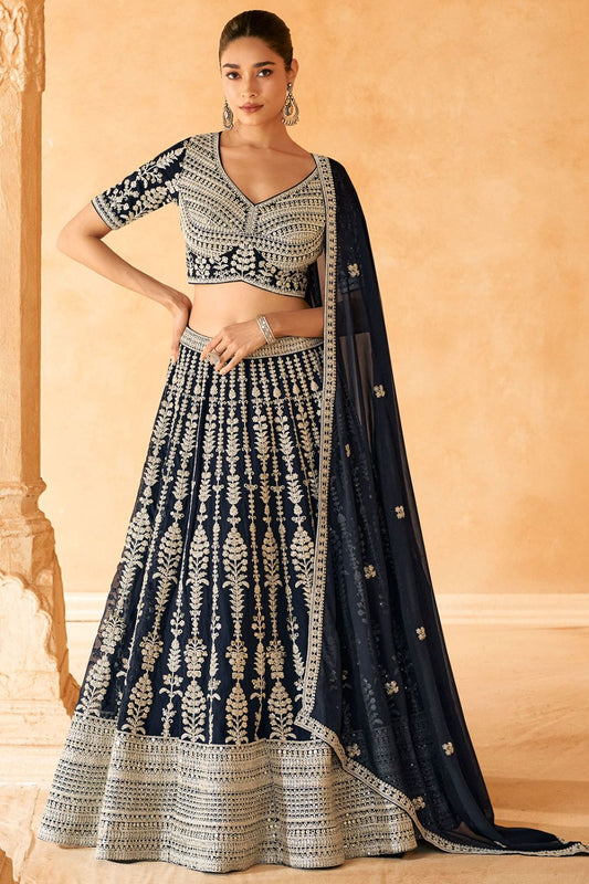 Dark Blue Traditional Embroidery Wedding Guest Lehenga Choli