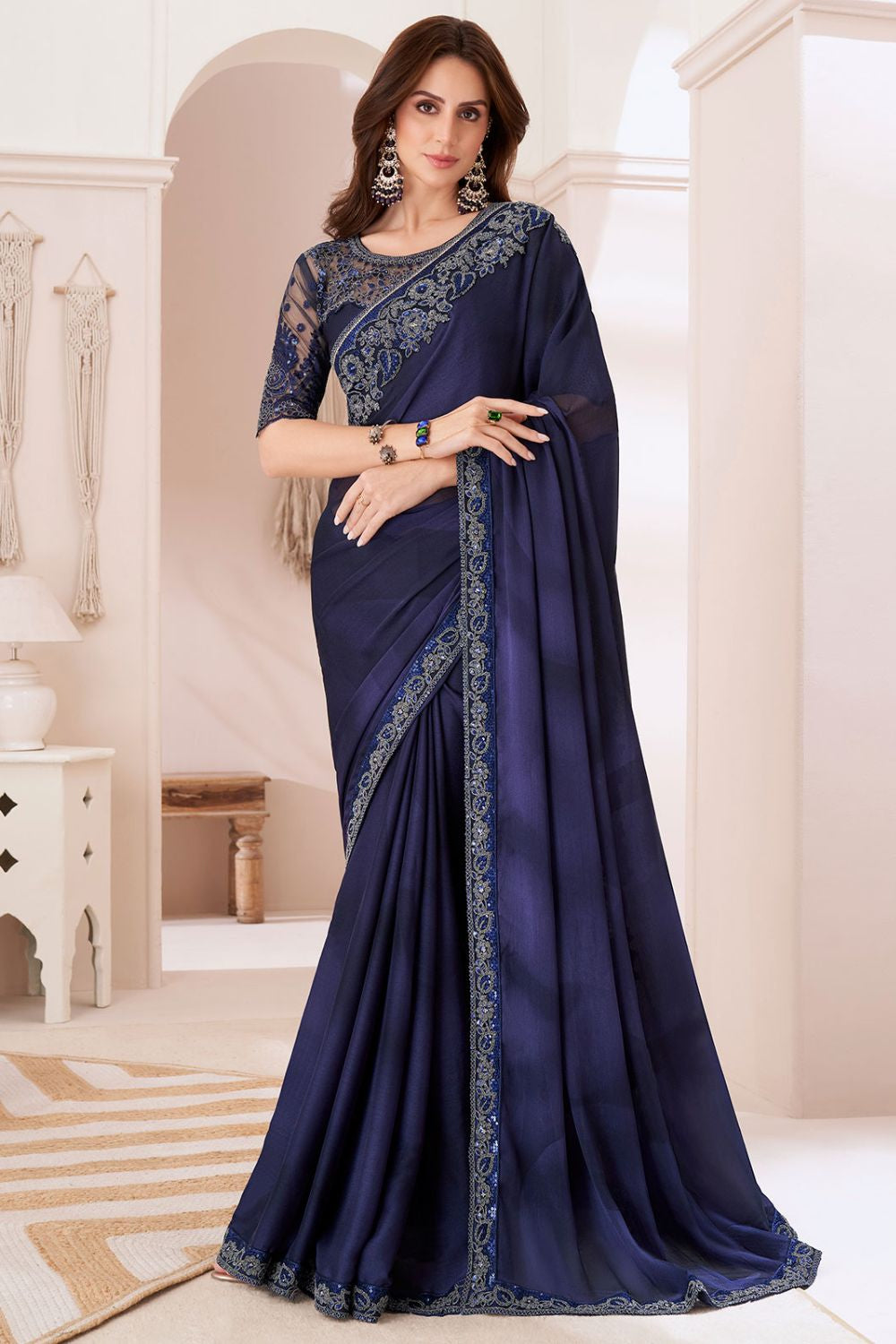 Midnight Blue Elegant Party Wear Chiffon Saree with Embroidered Banglori Silk Blouse