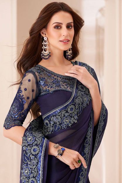 Midnight Blue Elegant Party Wear Chiffon Saree with Embroidered Banglori Silk Blouse