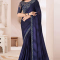 Midnight Blue Elegant Party Wear Chiffon Saree with Embroidered Banglori Silk Blouse