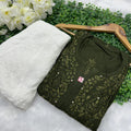 Military Green Elegance in Rayon Mukaish Hand-Embroidered Kurti and Free-Size Sharara Set