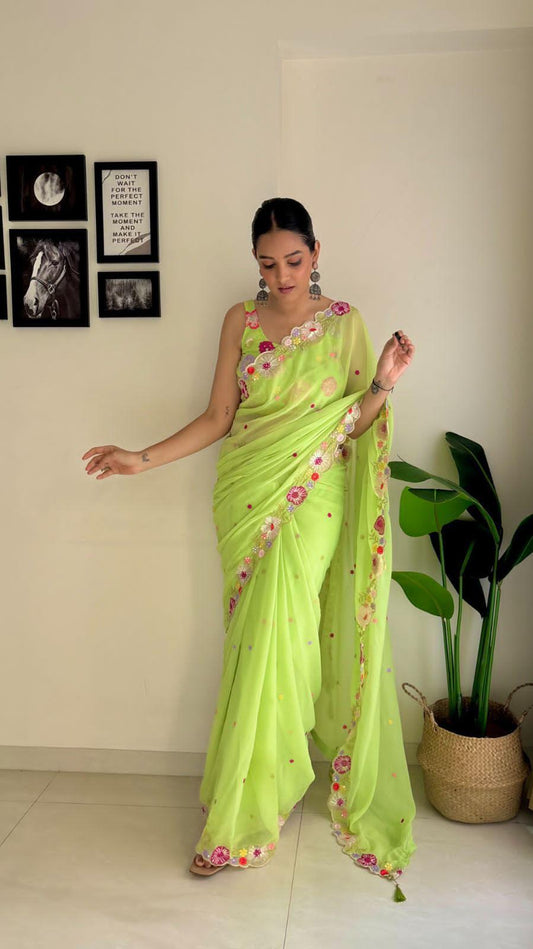 Mint Green and Pink Casual and Party Wear Shaded Sequins Saree Blouse - Inayakhan Shop 