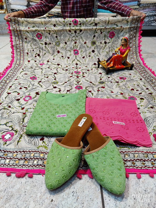 Mint Green and Pink Silken Reflections Ensemble 4 Pc With Jutti - Inayakhan Shop 