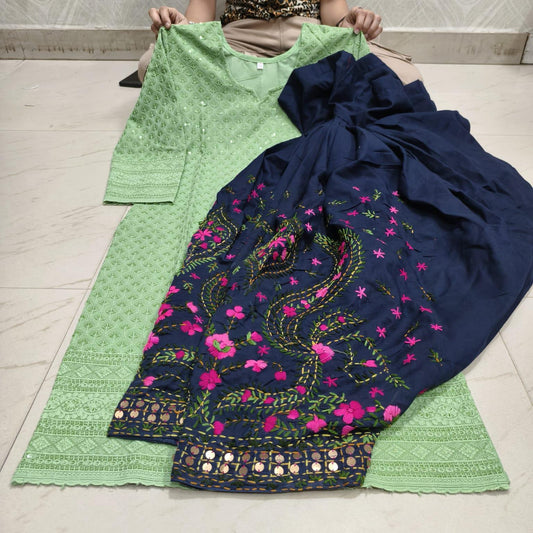 Mint Green Beautiful Embroidered Phulkari Kantha Salwar & Chikankari Kurti Set - Inayakhan Shop 