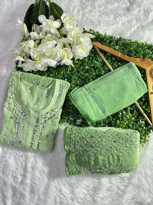 Mint Green Best Seller Georgette Mirror Gala Booti Chikankari Set with Beautiful Handwork Embroidery - Inayakhan Shop 