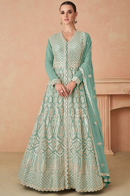 Mint Green Premium Embroidered Georgette Anarkali Suit with Skirt and Dupatta