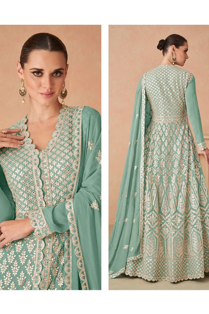 Mint Green Premium Embroidered Georgette Anarkali Suit with Skirt and Dupatta