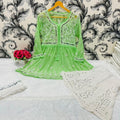 Mint Green Glimmering Georgette Mirror Work Short Gown, Dupatta, and Sharara Full Combo Set