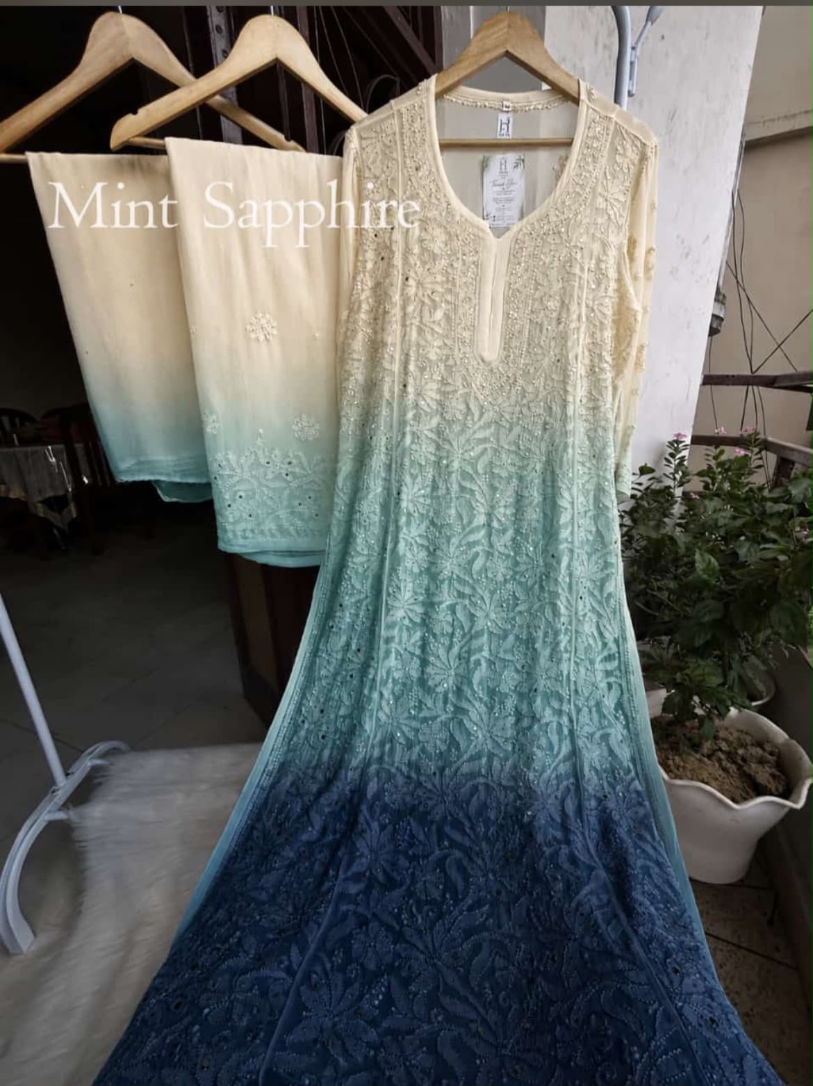Mint Sapphire Viscose Resham Mukesh Jaal Kurti Palazzo Set with Dupatta