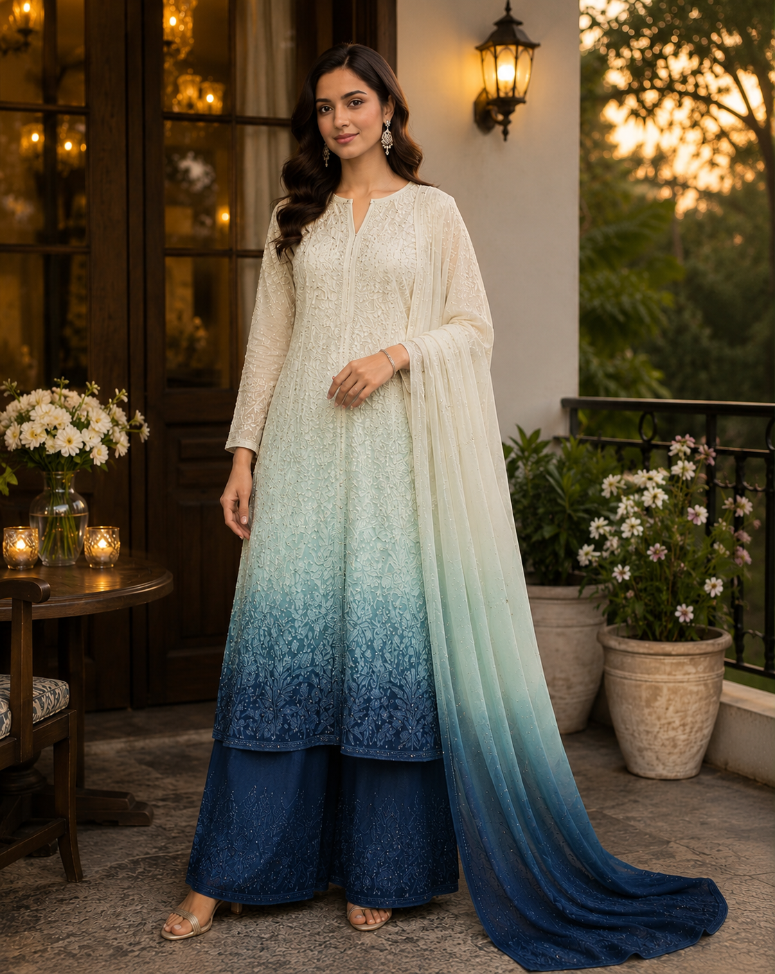 Mint Sapphire Viscose Resham Mukesh Jaal Kurti Palazzo Set with Dupatta