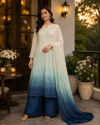 Mint Sapphire Viscose Resham Mukesh Jaal Kurti Palazzo Set with Dupatta