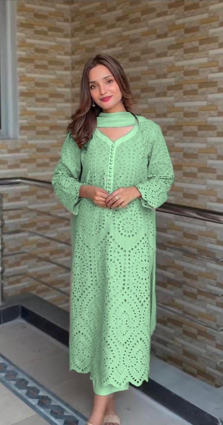 Mint Green Chikan Hakoba Designer Ready-to-Wear Suits Plus Sizes available