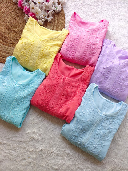 Yellow Aura Luxe: Premium Rayon 3-Piece Lucknowi Chikankari Ensemble