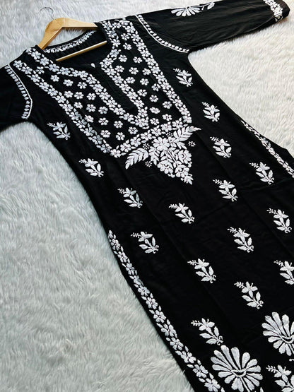 Monochrome Elegance: Premium Modal Black & White Kurti with Black Pant - Inayakhan Shop 