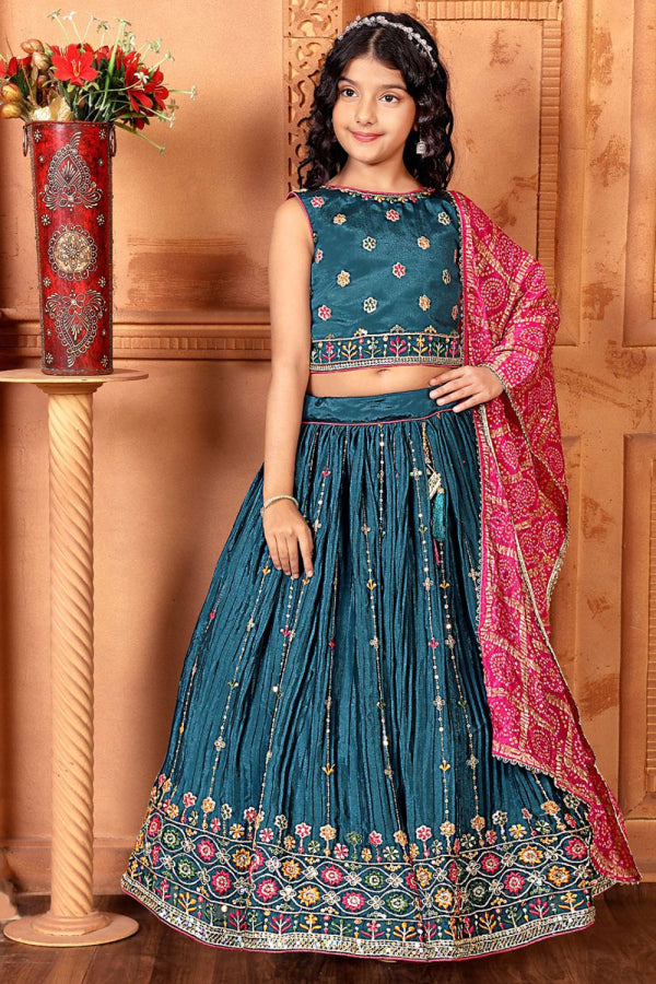 Peacock Blue Kids Lehenga Choli with Multicolor Embroidery