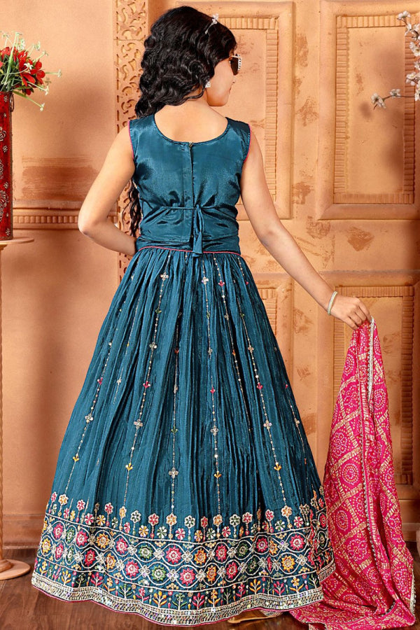 Peacock Blue Kids Lehenga Choli with Multicolor Embroidery