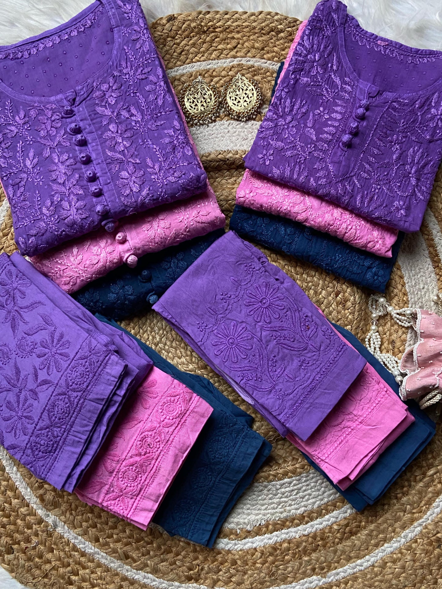 Purple Mother-Daughter Chikankari Set Dobby Cotton Kurti & Lycra Stretchable Pant Co-ord Set