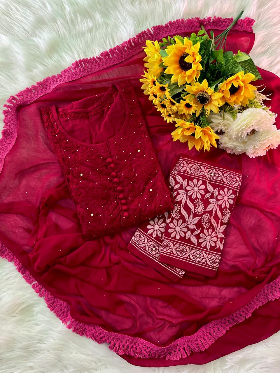 Deep Pink Lucknowi Chikankari Dobby Cotton Kurti Set with Mukaish Work