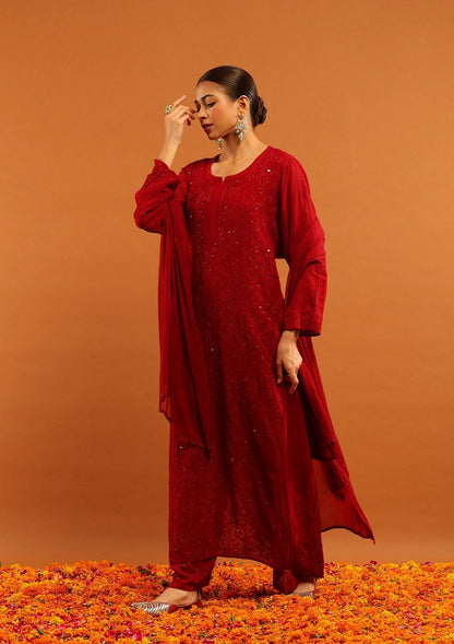 Custom Colors Lucknowi Chikankari Viscose Mukesh Jaal Work 3 PC Kurti Set