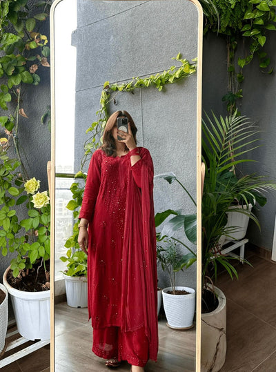 Red Regal Embroidered Viscose Chikankari Kurta Set with Mukaish Work