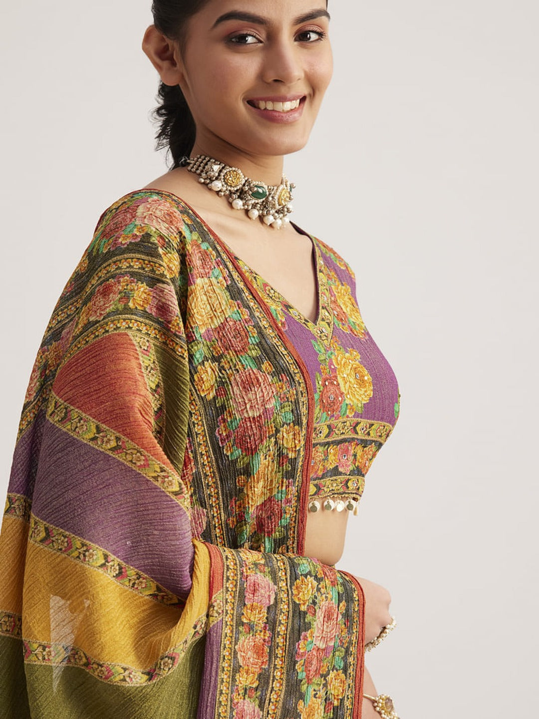 multicolor floral printed blouse mirror handwork and Peetal lace detail