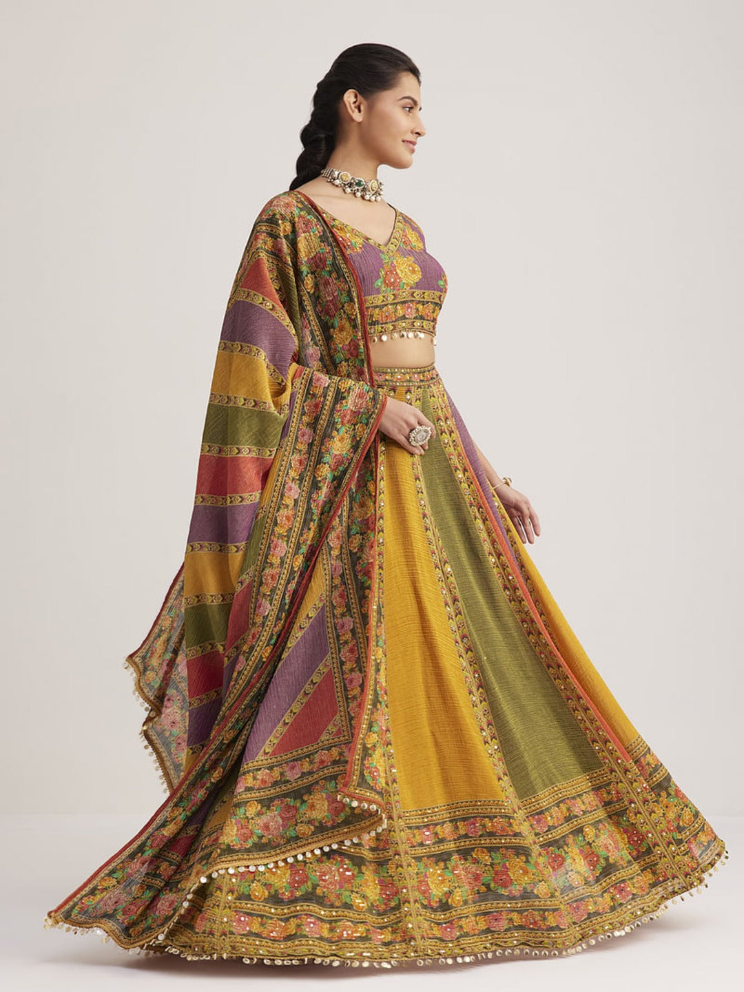 multicolor floral print mirror work lehenga choli full side view