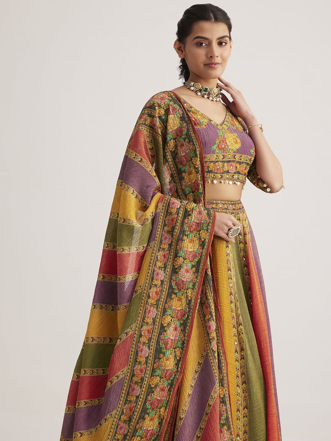 multicolor organza silk lehenga blouse and dupatta angle view