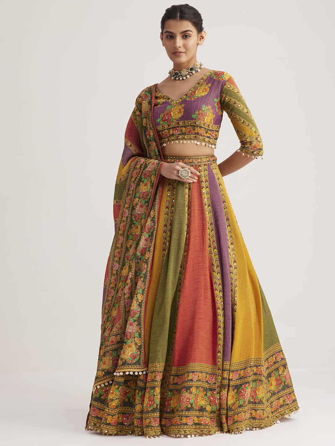 multicolor organza silk Navratri lehenga choli with mirror handwork front view