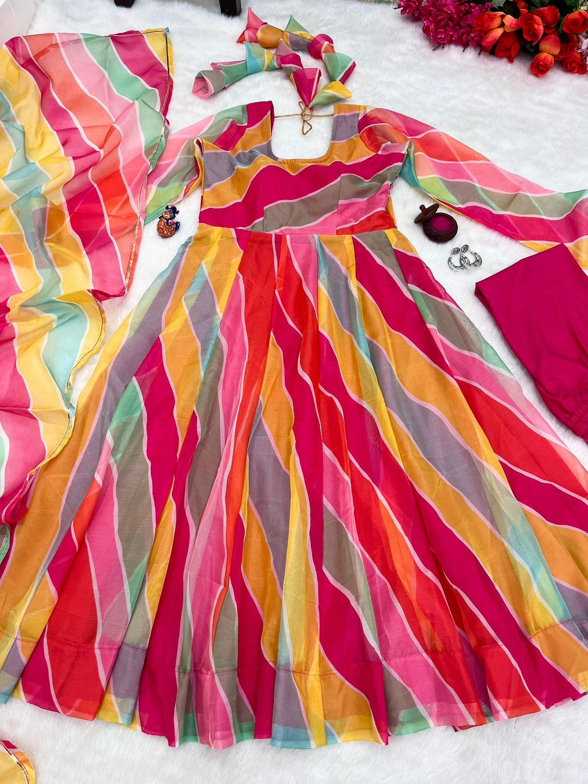 Multicolor Organza Tabby Silk Lehenga: Digital Print Elegance with Handcrafted Splendor - Inayakhan Shop 