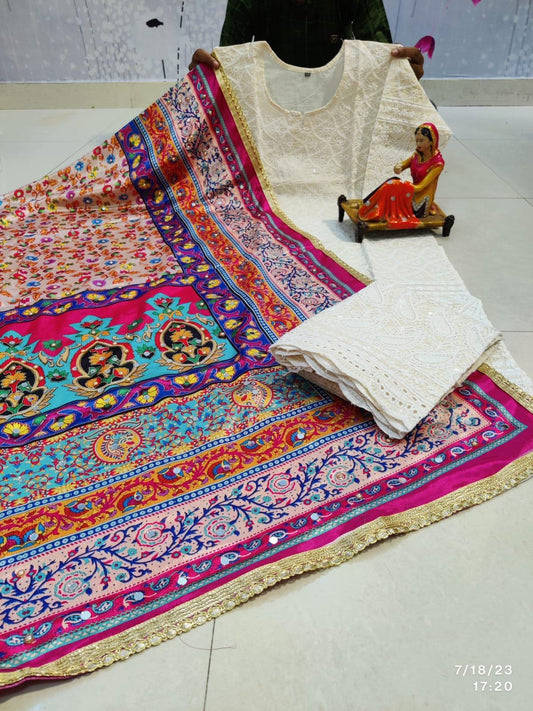 Multicolor Pink hues Chikankari Elegance - Pakistani Dupatta & Kurti Palazzo Set - Inayakhan Shop 