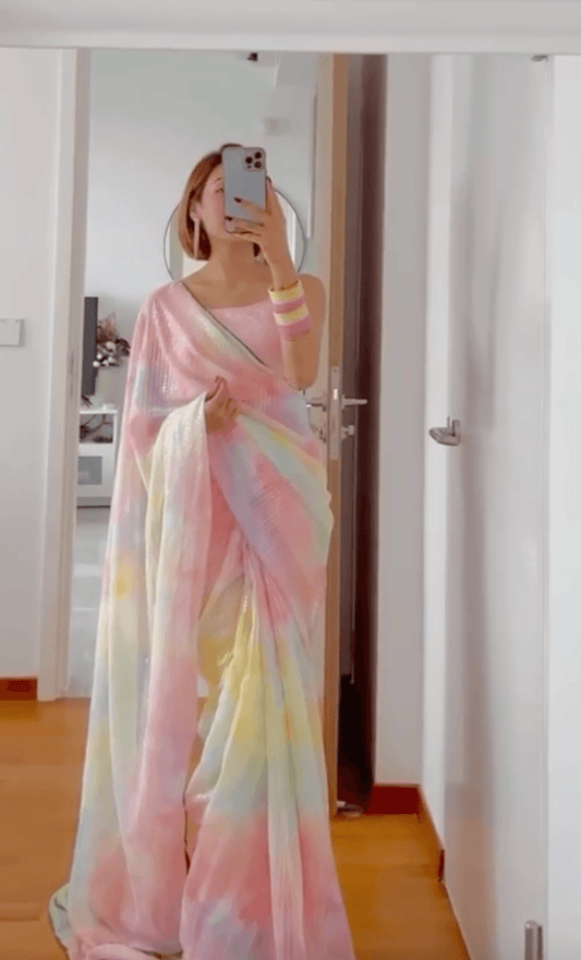Multicolor Rainbow Celebrity Style Pre-Stitched 1 Min Sequins Saree Set - Inayakhan Shop 