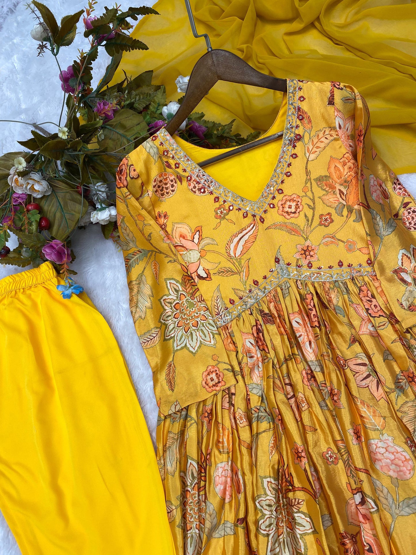 Mustard Aliya Cut Chinon Suit with Pant & Dupatta - Inayakhan Shop 