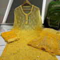 Mustard Chikankari Elegance Ombré Mirror Booti Jaal Set - Kurti, Sharara & Dupatta
