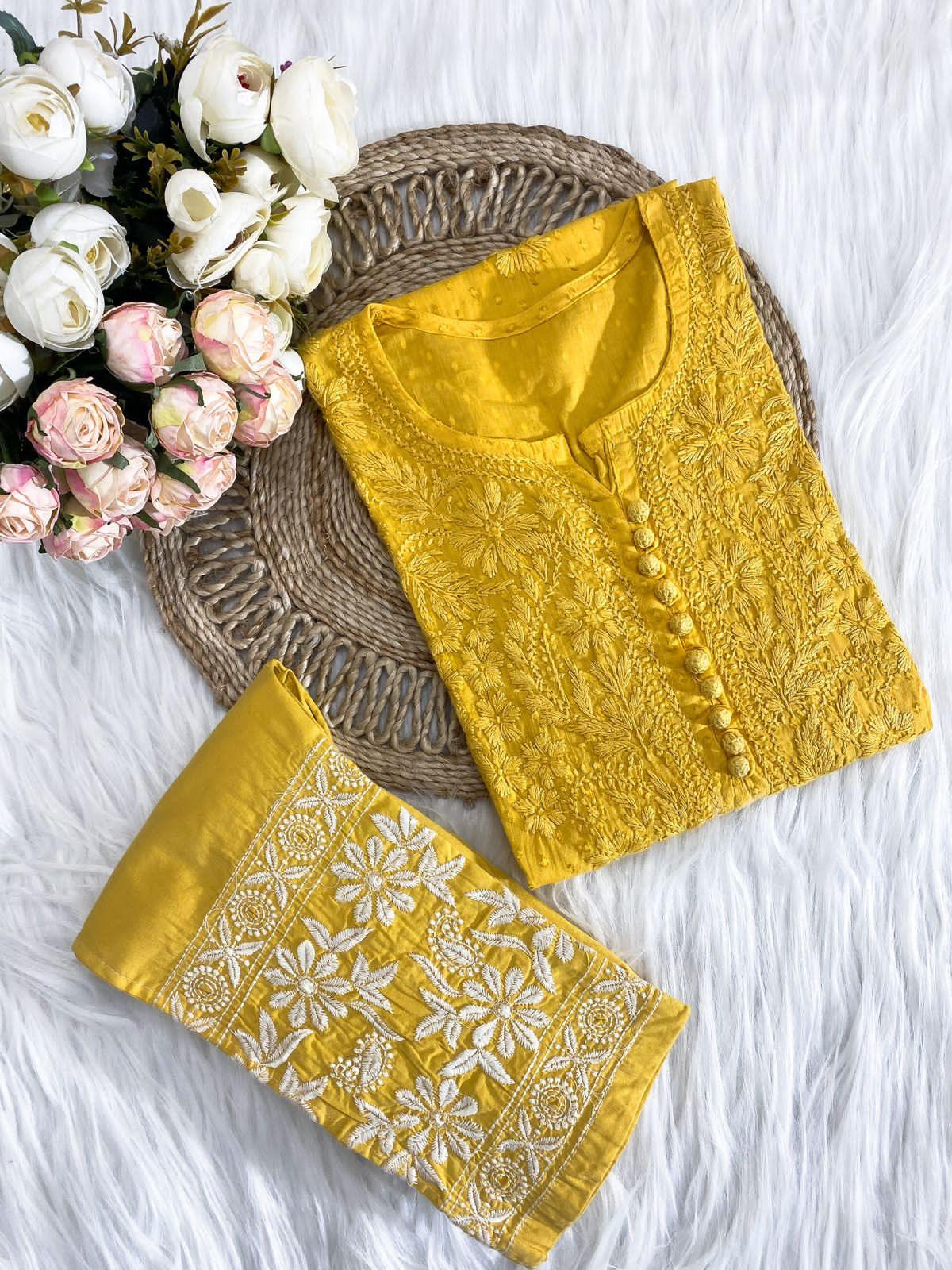 Mustard Cotton Chikankari Hand Work Kurti Pant Sets - Inayakhan Shop 