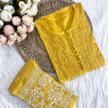 Mustard Cotton Chikankari Hand Work Kurti Pant Sets