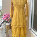 Mustard Cotton Rayon Short Kurti + Cotton Dhoti Pant Lucknow Chikankari Co-ord Set