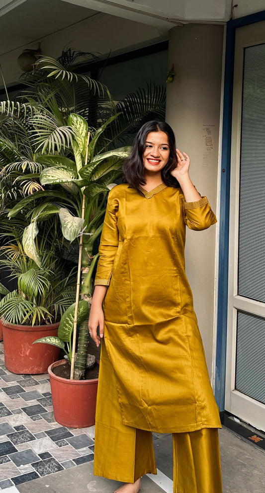 Mustard Elegant Cotton Satin Kurti and Palazzo Set - Inayakhan Shop 