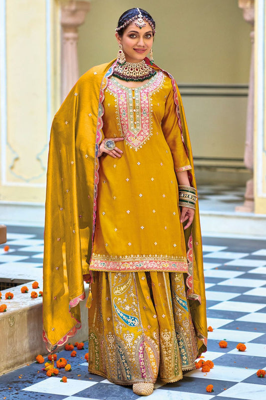 Mustard Premium Punjabi Style Chinon Salwar Kameez Palazzo Set with Dupatta