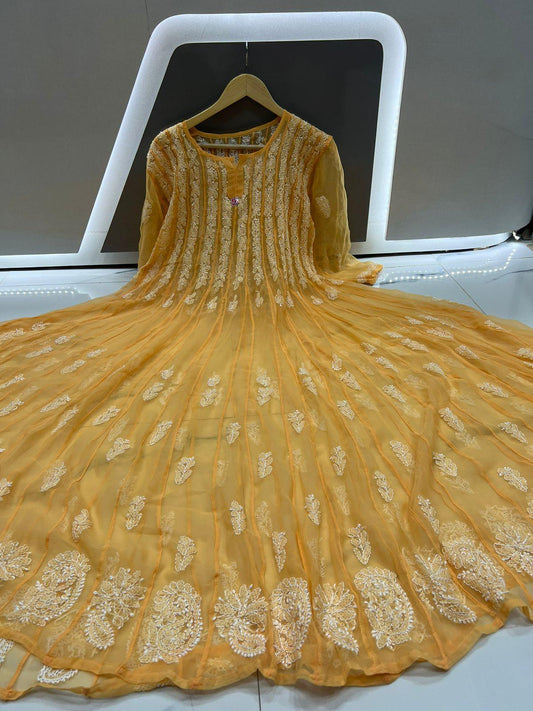 Mustard Embroidery 56" Kali Chikankari Anarkali with Inner - Inayakhan Shop 