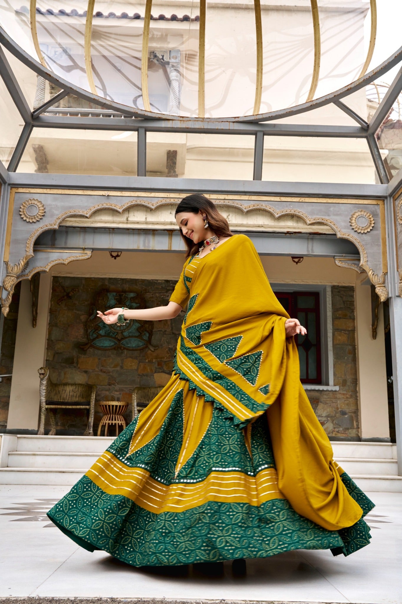 Mustard yellow and bottle green Ajrakh print Navratri lehenga choli with dupatta