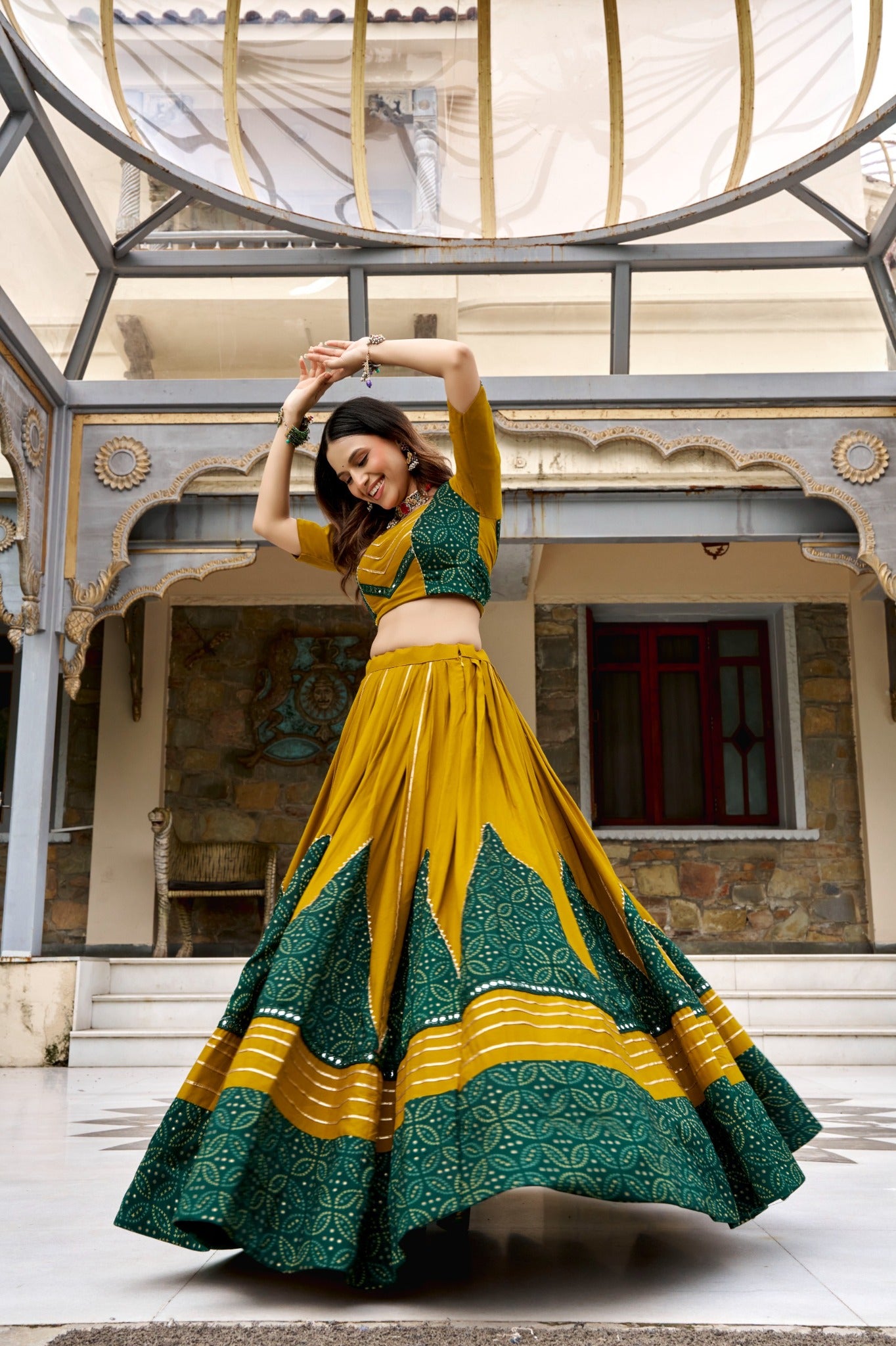 Mustard yellow and bottle green Ajrakh print Garba lehenga choli full view